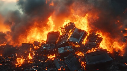 A pile of metal objects are engulfed in flames, creating a dramatic scene of destruction and environmental damage.