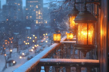 Wall Mural - Snowy evening with glowing lanterns on a city balcony