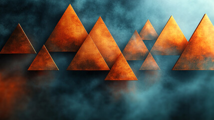 Wall Mural - A dynamic composition of geometric orange triangles set against a misty blue backdrop, perfect for modern art and design.