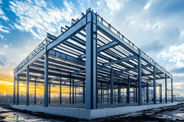 Steel frame construction in progress at sunset near urban area