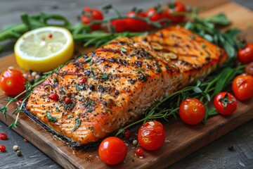 Wall Mural - Grilled salmon fillet with fresh tomatoes and herbs on a wooden cutting board, garnished with lemon slices at a rustic kitchen setting