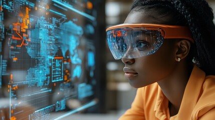 Poster - Female IT Specialist Analyzing Holographic Data Code Information, Cybersecurity Threat Detection