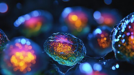 Poster - Colorful, illuminated cells against a dark background, showcasing biological beauty and intricate details of life at a microscopic level.