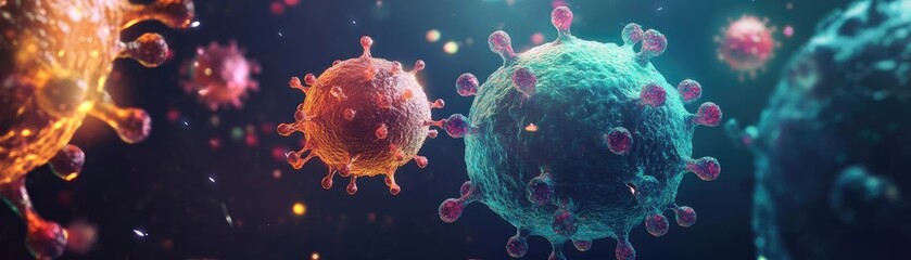Poster - Colorful depiction of microorganisms highlighting their diverse shapes and structures, representing environmental and health concerns.