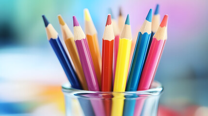 A close-up image of vibrant, sharpened color pencils. School theme