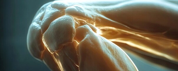 Poster - Detailed view of a human elbow joint showcasing anatomy and muscle structure in a dramatic lighting setup.