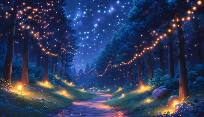 Wall Mural - Enchanted night forest path illuminated by glowing lights under a starry sky in dreamy lofi anime style