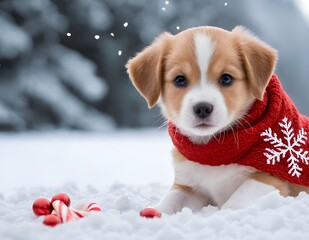 A puppy wearing a red scarf stands beside a candy cane in a snowy landscape during wintertime