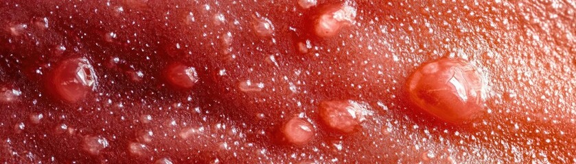 Poster - Close-up of a textured red surface, featuring bubbles and droplets, evoking themes of fluidity and organic formations.
