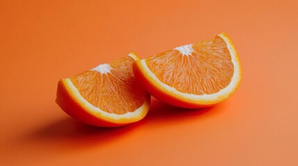 Minimalist plain orange background for product photography with just one object as the highlight, studio shot of two orange slices on a flat color background, high resolution, high