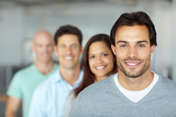 Wall Mural - Creative, group and portrait of business people with smile, confidence and solidarity at startup agency. Professional, men and woman together with pride, collaboration and teamwork at design company