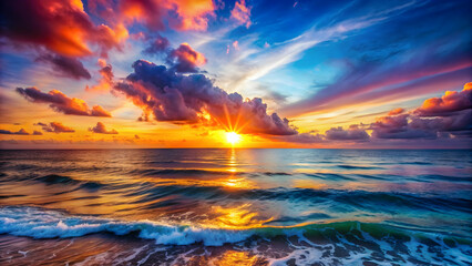 Wall Mural - Vibrant and colorful seascape with the sun setting over the ocean , sunset, seascape, ocean, colorful, vibrant, sky, clouds