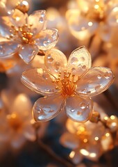 Poster - Close-up of delicate white cherry blossoms with dew drops, illuminated by warm light.