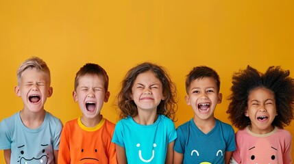 Children lined up showing various emotions colored background