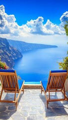 Wall Mural - Two Empty Sun Loungers Overlooking Picturesque Ocean. Perfect Vacation Relaxation Spot.