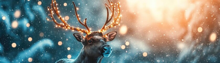 Poster - A majestic deer adorned with shimmering antlers, illuminated by soft light, set against a dreamy winter background.