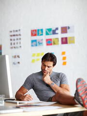 Aufkleber - Creative, man and writing at desk in office for project budget planning, ideas and information. Business, workplace and athletics administrator thinking with notes for report, feedback and solution