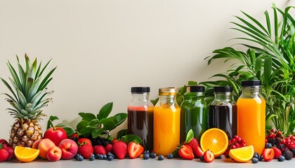 Wall Mural - Chic juice bar cart adorned with vibrant fruits, refreshing juice bottles, and lively plants against a minimalist light backdrop