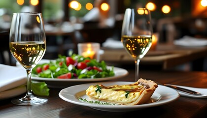 Delightful quiche paired with fresh salad and two glasses of white wine in an inviting restaurant ambiance