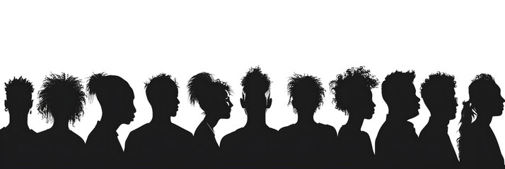 Canvas Print - a row of black siluets of people look in, we see them only from the back, white background, vector