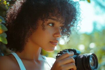 Wall Mural - A woman with curly hair is holding a camera. She is looking at the camera with a smile on her face