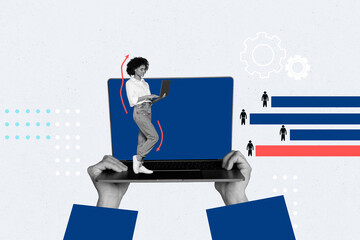 Creative picture collage laptop computer display woman worker manager challenge digital device employees drawing background