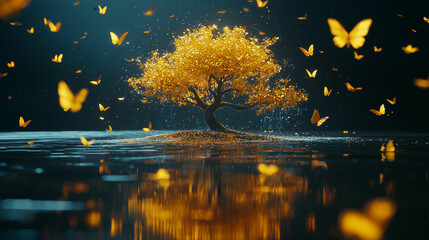 Poster - Golden tree surrounded by floating butterflies