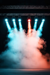 Wall Mural - Stage setup with six spotlights shining blue and orange light beams through dense stage fog. The lights are mounted on a truss in a dark environment.