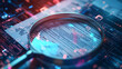 © john - A detailed IT Security Risk Assessment concept depicted with a magnifying glass focused on a document within an abstract technological atmosphere, symbolizing scrutiny and protection.