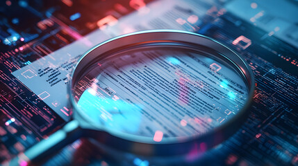 Poster - a detailed it security risk assessment concept depicted with a magnifying glass focused on a documen
