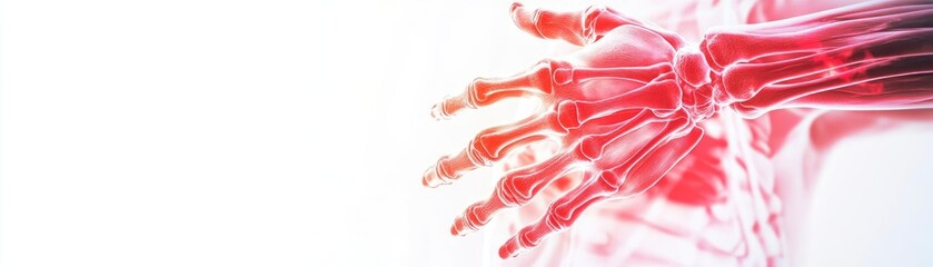 Poster - A close-up view of a human hand skeleton showcasing intricate bone structure and details, ideal for medical and educational purposes.