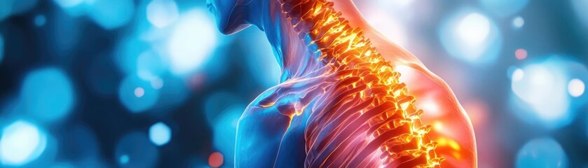 Aufkleber - A detailed illustration of a human spine showcasing its structure and glow, set against a colorful, blurred background.