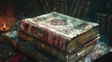 A pair of ancient, weathered books rests on a dusty surface, evoking a sense of mystery and history in a dimly lit setting.