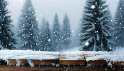 Wall Mural - Tranquil winter scene with snow-dusted wooden surface, blurred evergreen trees, and shimmering snowflakes gently falling