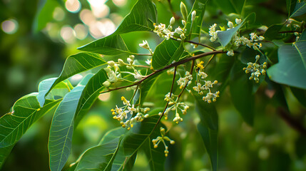 Wall Mural - Medicinal ayurvedic azadirachta indica or Neem leaves and flowers. Very powerful medicinal tree