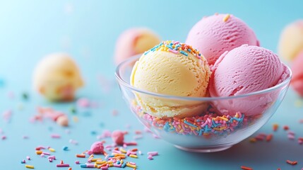 Glass dessert bowl filled with pastel gelato scoops, surrounded by colorful sprinkles on a bright surface, playful dessert concept with space for text