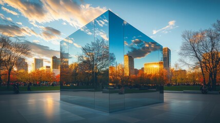 a futuristic cube home with sleek metallic silver panels, led lighting outlining sharp edges, set ag