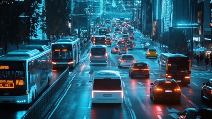 Wall Mural - Bustling City Traffic at Night with Neon Lights