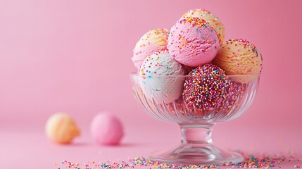 Soft pastelcolored gelato balls in a glass dessert bowl, with scattered sprinkles on the background, ideal for vibrant food promotions with copy space