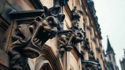 Wall Mural - Ornate stone gargoyles extending from the facade of a historic building, showcasing detailed gothic architecture with a blurred background of additional gargoyles and architectural elements.