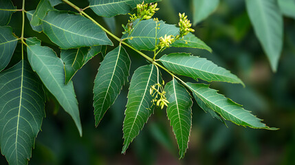 Canvas Print - Medicinal ayurvedic azadirachta indica or Neem leaves and flowers. Very powerful medicinal tree