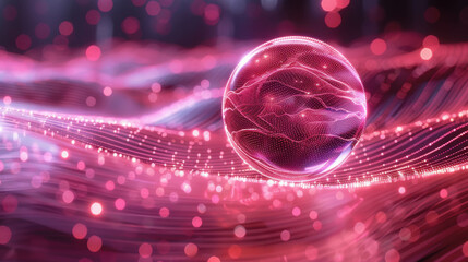 A glowing sphere floats above a vibrant digital landscape filled with flowing pink lines and bokeh-like light effects.

