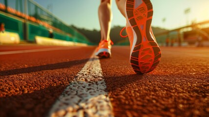 Close-up image of runner's feet on red track, bright shoes with yellow laces. Focus on calf and thigh, sports venue in background, iron fence, natural light.