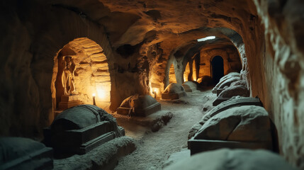 Wall Mural - Dimly lit ancient underground catacombs with sarcophagi lining the walls and a statue illuminated by torches within an arched alcove.