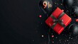© Fathor - Black Friday Sale. Christmas sale. New Year discounts. Realistic 3d objects design, red gift box, dark balloons, glitter confetti, neon percent light. Holiday surprise and present. generative ai