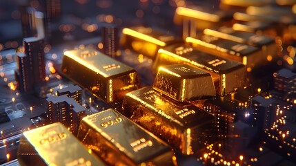 Poster - Gold bullion on the motherboard of a computer. 3d rendering - Generated AI