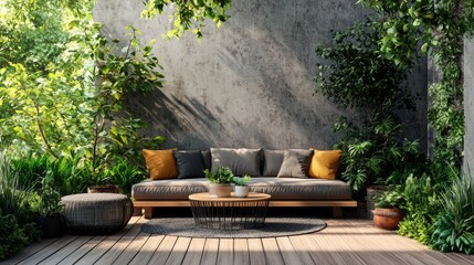 Balcony of contemporary urban home with wood decking, greenery, and outdoor furniture