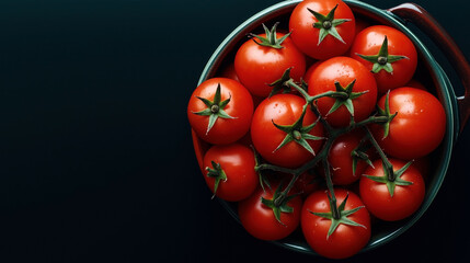 Wall Mural - A top-down view of a bowl filled with fresh, ripe red tomatoes on the vine against a dark background.