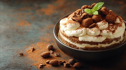 Closeup of a delicious Tiramisu dessert with coffee beans and cocoa powder.