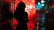 © Mary Salen - Noir abstract red light district sexy street scene with woman female silhouette pedestrians and urban city night street danger artsy defocused grunge background with copy space